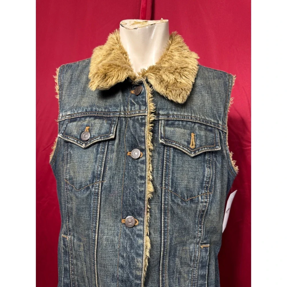 Y2K Gap Vintage 90s Denim Faux Fur Lined Vest Blue Medium